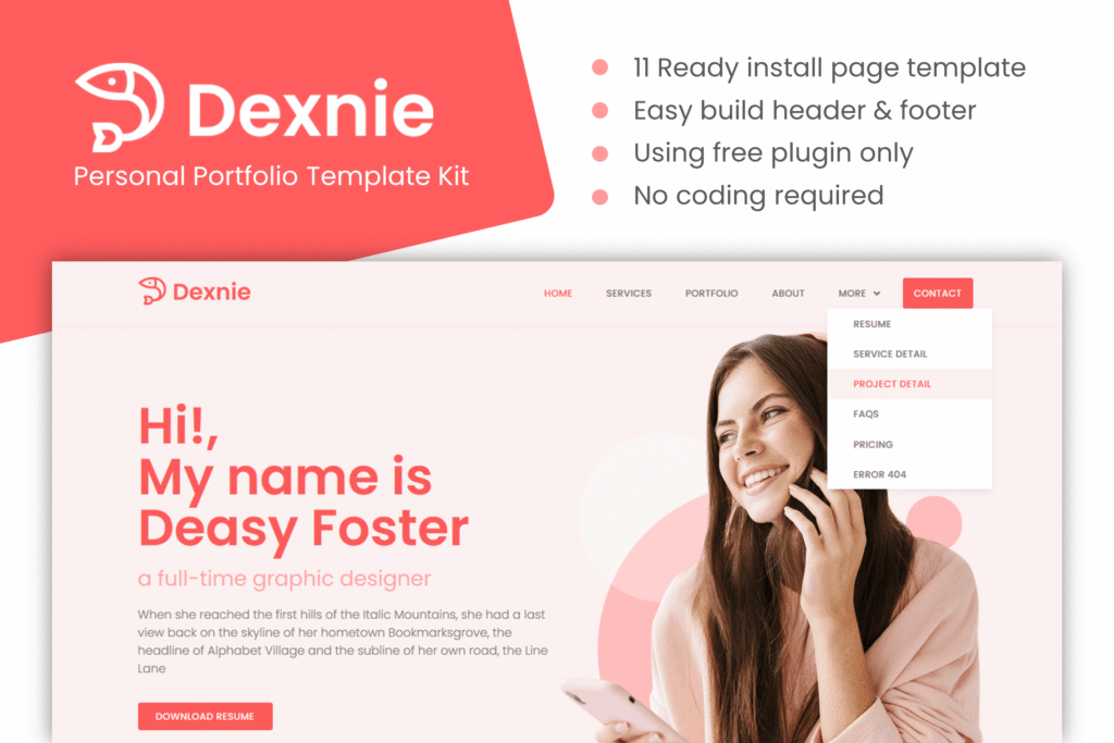 Dexnie – Personal Portfolio Elementor Template Kit
